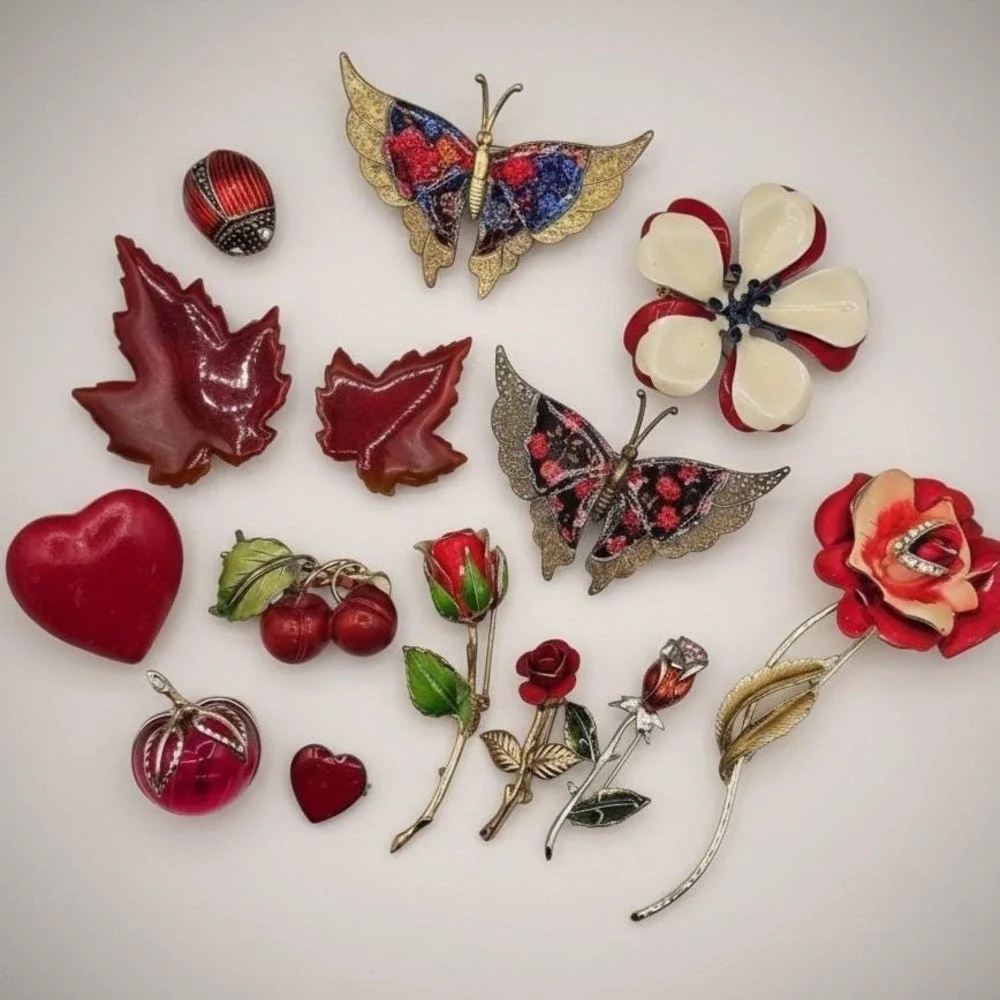 Red Brooch Lot Enamel Floral Butterfly Heart Cherry Ladybug Nature